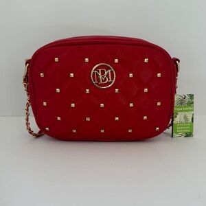 Badgley Mischka Red Quilted Camera Shoulder Bag with Gold Logo and Studs NWT